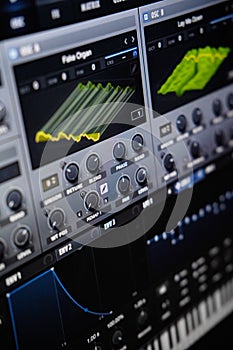 Close up view computer monitor digital audio workstationÂ or DAW music production app